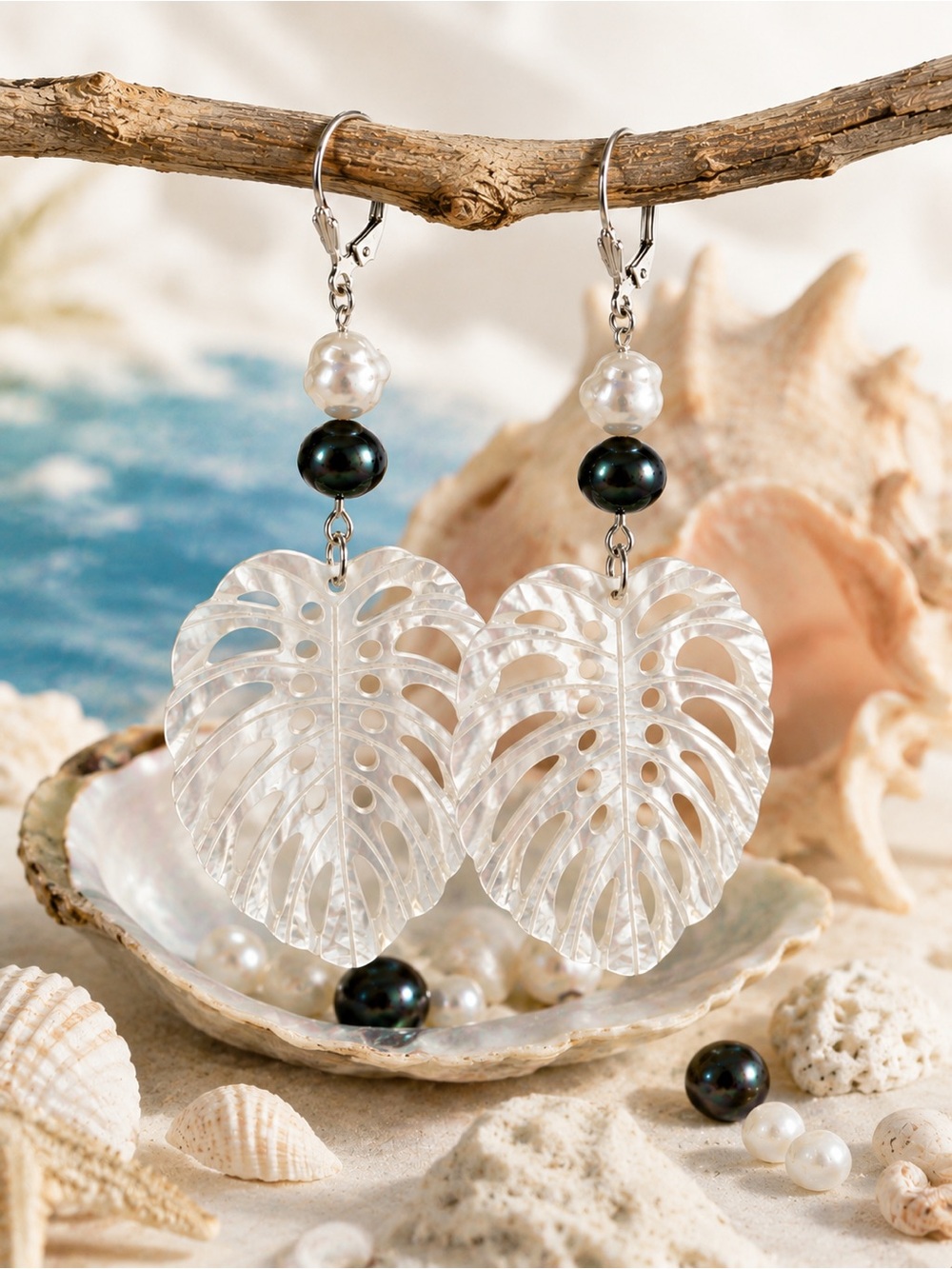 Freshwater Pearl, Mother of Pearl Monstera Earrings, 925 Sterling Silver